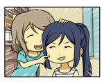  blue_hair brown_hair casual cheek_poking closed_eyes comic emphasis_lines love_live! love_live!_sunshine!! matsuura_kanan multiple_girls poking ponytail shiitake_nabe_tsukami shirt short_hair sleeveless t-shirt watanabe_you 