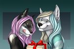  anthro black_nose blue_eyes canine clothed clothing dog duo eam0 female gift gradient_hair hair mammal pale_eyes pink_hair simple_background smile tongue 