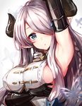  :o arm_up armpits black_gloves blue_eyes blush braid breast_hold breasts commentary_request draph elbow_gloves gloves granblue_fantasy hair_ornament hair_over_one_eye highres horns large_breasts lavender_hair long_hair looking_at_viewer narmaya_(granblue_fantasy) over_shoulder oyu_(sijimisizimi) pointy_ears sideboob sleeveless solo upper_body 
