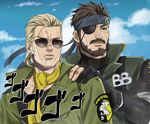  absurdres araki_hirohiko_(style) badge beard big_boss blonde_hair blue_sky brown_eyes brown_hair cloud day earrings eyepatch facial_hair gloves headband highres jacket jewelry jojo_no_kimyou_na_bouken kazuhira_miller lapel_pin male_focus metal_gear_(series) metal_gear_solid_peace_walker multiple_boys parody partly_fingerless_gloves peace_symbol scarf sky soldagarius stud_earrings style_parody sunglasses yellow_scarf 