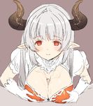  alicia_(granblue_fantasy) bangs blunt_bangs blush breasts cleavage closed_mouth cum cum_on_body cum_on_breasts cum_on_upper_body draph dress earrings eyebrows eyebrows_visible_through_hair flat_color gloves granblue_fantasy horns jewelry koza_game lace lace-trimmed_gloves large_breasts long_hair looking_at_viewer mature paizuri penis pointy_ears puffy_short_sleeves puffy_sleeves purple_background red_dress red_eyes short_sleeves silver_hair smile solo_focus white_gloves 