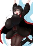  1girl alternate_breast_size black_hair boots bouncing_breasts breasts cape corset gothic_lolita gray_eyes happy huge_breasts jumping pantyhose rooster_teeth ruby_rose rwby simple_background sinensian skirt smile 