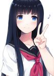  bangs black_hair blue_eyes blush caidychen closed_mouth collarbone eighth_note eyebrows_visible_through_hair fingernails highres long_hair looking_at_viewer musical_note neckerchief original red_neckwear school_uniform serafuku short_sleeves simple_background smile solo upper_body v white_background 