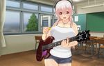  3d blush breasts chair chalkboard classroom custom_maid_3d_2 desk electric_guitar guitar headphones highres indoors instrument large_breasts long_hair looking_at_viewer nitroplus open_mouth pink_eyes pink_hair plectrum school school_desk smile solo super_sonico uld_macaron window 