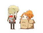  aquila_(kantai_collection) blonde_hair blush box cardboard_box chibi commentary from_behind graf_zeppelin_(kantai_collection) hair_ornament hairclip in_box in_container kantai_collection multiple_girls orange_hair pantyhose ponytail rebecca_(keinelove) solid_oval_eyes twintails white_background 