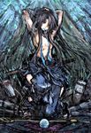  adjusting_hair androgynous bare_shoulders black_hair blue_eyes drifters long_hair male_focus moto_murabito nasu_no_yoichi nipples ribbon solo tying_hair 