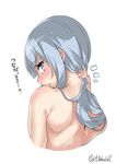  1girl back bangs blue_eyes blue_hair blush ebifurya eyebrows eyebrows_visible_through_hair from_behind hand_behind_head hand_up hatsukaze_(kantai_collection) highres kantai_collection long_hair looking_at_viewer looking_back nape notice_lines nude open_mouth profile simple_background solo tears translation_request twitter_username upper_body white_background 