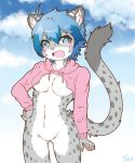 2018 acky05_(artist) anthro blue_eyes blue_hair blush bottomless breasts clothed clothing featureless_crotch felid female fur grey_fur hair hand_on_hip hi_res inner_ear_fluff mammal pantherine short_hair snow_leopard solo spots spotted_fur standing suzune_(acky05) under_boob 