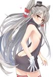  amatsukaze_(kantai_collection) back backless_dress backless_outfit bare_back breasts brown_eyes butt_crack commentary_request cowboy_shot dress from_behind gloves hair_tubes halterneck kantai_collection long_hair looking_back meme_attire naked_sweater red_legwear ribbed_dress ribbed_sweater short_dress sideboob silver_hair single_glove small_breasts solo striped striped_legwear sweat sweater sweater_dress thighhighs turtleneck turtleneck_sweater two_side_up virgin_killer_sweater white_gloves windsock yahako 