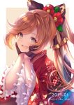  1girl 2019 :d aoi_(kirabosi105) black_gloves checkered clarisse_(granblue_fantasy) commentary_request eyebrows_visible_through_hair flower gloves granblue_fantasy green_eyes hair_flower hair_ornament hands_on_own_cheeks hands_on_own_face happy_new_year japanese_clothes kimono long_hair long_sleeves looking_at_viewer new_year obi open_mouth orange_hair ponytail red_kimono sash smile solo wide_sleeves 