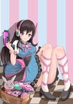  :3 absurdres alternate_costume animal_print arm_cannon artist_name brown_eyes brown_hair bunny_print charm_(object) checkered checkered_floor closed_eyes d.va_(overwatch) dress facepaint facial_mark frilled_skirt frills gatling_gun gun hair_between_eyes hand_up handgun headphones highres holding holding_gun holding_weapon kneehighs long_hair looking_at_viewer meka_(overwatch) middle_finger overwatch pink_lips pink_ribbon puffy_short_sleeves puffy_sleeves qing_yan ribbon sash shoes short_sleeves sitting skirt solo striped striped_background stuffed_animal stuffed_bunny stuffed_toy toy_box v-shaped_eyebrows vertical-striped_background vertical_stripes wallpaper_(object) weapon whisker_markings wristband 