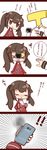  &gt;_&lt; 1boy 1girl 3: 4koma absurdres brown_eyes brown_hair cellphone chestnut_mouth chibi closed_eyes comic commentary_request highres holding japanese_clothes kantai_collection kariginu long_hair magatama military military_uniform naval_uniform nuu_(nu-nyu) phone pointing ryuujou_(kantai_collection) samsung_electronics samsung_galaxy_note_7 smartphone smoke t-head_admiral tawawa_challenge tearing_up tears throwing translated twintails uniform 