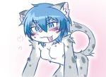  2016 acky05_(artist) all_fours anthro blue_eyes blue_hair blush breasts butt featureless_breasts felid female fur gradient_background grey_fur hair inner_ear_fluff looking_at_viewer mammal nude pantherine short_hair simple_background snow_leopard suzune_(acky05) tongue tongue_out white_fur 
