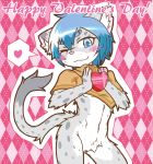  &lt;3 2016 acky05_(artist) anthro blue_eyes blue_hair blush bottomless butt clothed clothing english_text featureless_crotch felid female fur grey_fur hair holding_object holidays looking_at_viewer mammal one_eye_closed pantherine short_hair smile snow_leopard suzune_(acky05) text valentine&#039;s_day white_fur 