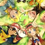  2girls :d black_hair blonde_hair blue_eyes blush_stickers brown_eyes brown_hair circle_formation citron_(pokemon) closed_eyes dedenne eureka_(pokemon) gen_1_pokemon gen_6_pokemon glasses hat holding holding_poke_ball lying momiji_(00mmj00) multiple_boys multiple_girls one_eye_closed open_mouth pikachu poke_ball poke_ball_(generic) pokemon pokemon_(anime) pokemon_(creature) pokemon_xy_(anime) puni_(pokemon) satoshi_(pokemon) serena_(pokemon) short_hair sleeveless_duster smile zygarde zygarde_core 