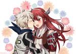  1girl armor blush cheek_kiss closed_eyes fire_emblem fire_emblem_if floral_background grey_hair hair_between_eyes hairband hassaku heart hetero kanna_(fire_emblem_if) kanna_(male)_(fire_emblem_if) kiss long_hair matoi_(fire_emblem_if) pointy_ears red_eyes red_hair surprised vambraces winged_hair_ornament 