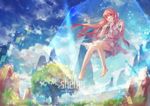  artist_name azomo bangs bare_legs barefoot blue_sky copyright_name cube day digital_dissolve dress eyebrows eyebrows_visible_through_hair floating floating_hair frown hair_ribbon hands_up highres invisible_chair long_hair long_sleeves looking_at_viewer mountain outdoors red_eyes red_hair ribbon rin_(shelter) scenery shelter_(music_video) short_dress short_over_long_sleeves short_sleeves sitting sky solo swing tablet tree very_long_hair 