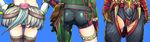  armor ass ass_cutout asymmetrical_clothes bag belt belt_pouch blue_background cete_(controllingtime) clenched_hand deviljho_(armor) from_behind gauntlets hand_on_hip hands_on_hips kirin_(armor) monster_hunter multiple_girls nargacuga_(armor) panties pants pouch shiny shiny_clothes simple_background single_pantsleg skin_tight standing thigh_gap thighhighs underwear 