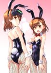  animal_ears arms_at_sides ass back back-seamed_legwear bangs bare_shoulders black_leotard blurry blush bokeh bow bowtie breasts brown_eyes brown_hair bunny_ears bunny_girl bunny_tail bunnysuit cleavage closed_mouth collarbone covered_navel cowboy_shot depth_of_field detached_collar embarrassed eyebrows eyebrows_visible_through_hair fake_animal_ears fishnet_legwear fishnet_pantyhose fishnets from_behind frown gradient gradient_background hairband hand_on_own_chest head_mounted_display leotard looking_afar looking_at_viewer looking_away looking_down misaka_imouto misaka_mikoto multiple_girls open_mouth pantyhose raika9 red_bow red_neckwear seamed_legwear short_hair simple_background skin_tight small_breasts standing strapless strapless_leotard tail teeth to_aru_kagaku_no_railgun to_aru_majutsu_no_index wavy_mouth white_background wrist_cuffs yellow_background 
