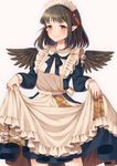 alternate_costume apron apron_hold bad_id bad_pixiv_id beige_background black_hair black_wings blue_bow blue_dress blue_neckwear blush bow bowtie commentary_request cowboy_shot dress enmaided feathered_wings frilled_apron frills long_sleeves looking_at_viewer maid maid_apron maid_headdress orange_eyes pointy_ears puffy_long_sleeves puffy_sleeves retota shameimaru_aya simple_background smile solo tassel touhou white_apron wings 