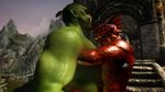  anthro argonian biceps body_hair green_body hair hug humanoid larger_male lizard male mmoboys_(artist) muscular orc outside red_body reptile scales scalie size_difference skyrim smaller_male sweat the_elder_scrolls tusks video_games 