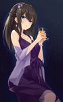  absurdres alternate_hairstyle azuuru black_hair blue_eyes cocktail cocktail_dress cup dress drink drinking_glass hair_ornament half_updo highres holding holding_cup idolmaster idolmaster_cinderella_girls idolmaster_cinderella_girls_starlight_stage jewelry long_hair necklace parted_lips purple_dress sagisawa_fumika solo star starry_background 