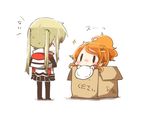  aquila_(kantai_collection) blonde_hair blush box cardboard_box chibi commentary from_behind graf_zeppelin_(kantai_collection) hair_ornament hairclip in_box in_container kantai_collection multiple_girls orange_hair pantyhose plate ponytail rebecca_(keinelove) solid_oval_eyes sweat translated twintails white_background 