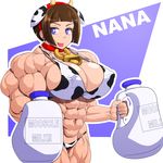  1girl abs bell blue_eyes breasts brown_hair cow_bell extreme_muscles female milk muscle navel short_hair solo tongue 