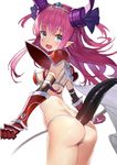  :d absurdres armor ass bangs bikini bikini_armor blue_eyes breasts cape cowboy_shot dragon_tail elizabeth_bathory_(brave)_(fate) elizabeth_bathory_(fate)_(all) fate/extra fate/extra_ccc fate/grand_order fate_(series) from_behind gauntlets highres horns long_hair looking_at_viewer looking_back matsui_hiroaki open_mouth oversized_clothes pauldrons pink_hair pointy_ears red_armor red_bikini shiny shiny_skin silver_trim simple_background small_breasts smile solo standing swimsuit tail tiara white_background 