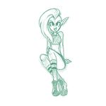 2016 alien breasts clothed clothing female footwear green_and_white humanoid knee_socks legwear looking_at_viewer lord_dominator midriff monochrome navel noseless open_mouth plagueofgripes pointy_ears shoes simple_background sitting sketch small_breasts smile socks solo wander_over_yonder white_background 