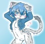  &lt;3 2016 acky05_(artist) anthro blue_eyes blue_hair blush bottomless breasts clothed clothing featureless_crotch felid female fur grey_fur hair hand_on_head inner_ear_fluff looking_at_viewer mammal pantherine partially_clothed short_hair snow_leopard spots spotted_fur suzune_(acky05) tongue tongue_out 