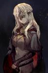  blonde_hair cloak commentary_request dark_background dark_souls_iii dress fire_keeper hands_together head_tilt highres jewelry lack light_smile long_hair looking_at_viewer mask pale_skin pendant solo souls_(from_software) sparks upper_body 