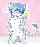  2016 acky05_(artist) anthro blue_eyes blue_hair blush breasts butt featureless_breasts featureless_crotch felid female fur grey_fur hair kneeling looking_at_viewer mammal nude pantherine pink_background short_hair simple_background snow_leopard suzune_(acky05) white_fur 