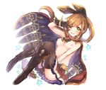  ;d between_legs black_footwear black_gloves black_legwear book boots breasts brown_hair cape clarisse_(granblue_fantasy) cleavage cum cum_on_body facial gloves granblue_fantasy green_eyes hand_between_legs heart heart-shaped_pupils highres kaenuco knee_boots long_hair looking_at_viewer medium_breasts navel nipples one_eye_closed open_mouth pleated_skirt simple_background skirt smile solo star symbol-shaped_pupils thighhighs topless v_over_eye white_background 