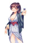  basin bath_yukata blush bottle breasts brown_eyes brown_hair cleavage commentary_request hanten_(clothes) highres japanese_clothes kimono large_breasts long_hair looking_at_viewer milk milk_bottle onsen open_mouth original ponytail smile solo suihei_sen yukata 