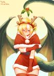  2016 animal_ears antlers blonde_hair blush capelet commentary commission cowboy_shot dated derivative_work draco_(monster_musume) dragon_girl dragon_tail dragon_wings english_commentary eyebrows eyebrows_visible_through_hair fake_animal_ears fake_antlers fur_trim gloves hand_on_own_arm holly lutherniel monster_girl monster_musume_no_iru_nichijou pointy_ears purple_eyes red_gloves red_legwear reindeer_antlers reindeer_ears santa_costume scales shy signature skirt skirt_tug solo tail tail_hold thighhighs wings zettai_ryouiki 