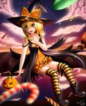  absurdres blacksaikou blonde_hair boots breasts broom broom_riding candy collarbone commentary dress flying food halloween hat hat_ribbon highres kirisame_marisa microdress ribbon small_breasts solo striped striped_legwear thighhighs touhou witch_hat yellow_eyes zettai_ryouiki 