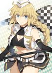  1girl argyle argyle_background black_gloves black_skirt blonde_hair blue_eyes braid braided_ponytail breasts checkered checkered_background cleavage cleavage_cutout cowboy_shot crop_top elbow_gloves eyebrows_visible_through_hair fate/apocrypha fate_(series) floating_hair gloves hair_between_eyes hat highres jeanne_d&#039;arc_(fate) jeanne_d&#039;arc_(fate)_(all) long_hair medium_breasts midriff miniskirt navel nikame pleated_skirt shiny shiny_hair single_braid skirt smile solo standing stomach very_long_hair white_hat 