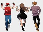  2boys arms_up baseball_cap black_dress black_gloves black_hair blue_(pokemon) boots brown_hair clenched_hand dress fingerless_gloves from_behind gloves grey_background hat jacket kendy_(revolocities) long_hair multiple_boys ookido_green pokemon pokemon_(game) pokemon_rgby red_(pokemon) red_(pokemon_rgby) running short_hair short_sleeves simple_background sleeveless sleeveless_dress spiked_hair white_gloves 