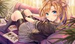  :t abukuma_(kantai_collection) bangs bike_shorts black_gloves black_legwear blonde_hair blue_eyes blush calligraphy commentary_request couch double_bun fingerless_gloves from_behind gloves hair_between_eyes highres kantai_collection kneehighs kotatsu_(kotatsu358) long_hair looking_at_viewer looking_back lying no_shoes on_back on_couch pleated_skirt pout remodel_(kantai_collection) school_uniform serafuku short_sleeves shorts shorts_under_skirt skirt solo sweater_vest twintails 