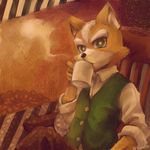  2016 anthro beverage black_nose brown_fur canine chair clothing cup english_text fox fox_mccloud fur green_eyes male mammal nintendo signature sitting solo star_fox text video_games white_fur 梨月みの 
