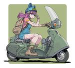  android animal_hat ankle_boots backpack bag blue_eyes boots dr._slump flat_color glasses gloves ground_vehicle hat helmet long_hair looking_at_viewer motor_vehicle norimaki_arale open_mouth overalls pink_hair riding robot_joints scooter solo sukabu wind 