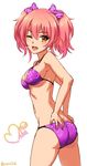  ;d ass bikini bow breasts character_name cleavage hair_bow hand_on_own_ass highres idolmaster idolmaster_cinderella_girls jougasaki_mika kohinata_(sdu0628) medium_breasts one_eye_closed open_mouth pink_hair purple_bikini short_twintails sideboob signature smile solo swimsuit thighs trefoil twintails twitter_username yellow_eyes 
