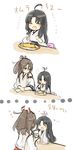  2girls :d ^_^ absurdres afterimage ahoge ahoge_wag black_hair blush bow brown_eyes brown_hair closed_eyes closed_mouth comic ear_blush eating expressive_hair eyebrows eyebrows_visible_through_hair feeding food hair_between_eyes hair_ribbon headband heart highres hinata_hibari holding holding_spoon japanese_clothes kantai_collection long_hair long_sleeves looking_at_another motion_lines multiple_girls omurice open_mouth pink_bow plate ponytail pudding ribbon shouhou_(kantai_collection) sketch smile spoon striped striped_ribbon translated very_long_hair white_background younger zuihou_(kantai_collection) 