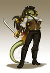  anthro clothing crocodile crocodilian cutlass female hat ikshun kittydee looking_at_viewer melee_weapon pirate_outfit reptile scalie simple_background smile solo standing sword underwear weapon 