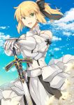  1girl :d armor armored_dress artoria_pendragon_(all) black_bow blonde_hair blue_sky bow breastplate cloud day dress excalibur eyebrows_visible_through_hair fate/unlimited_codes fate_(series) faulds floating_hair gauntlets green_eyes hair_between_eyes hair_bow hands_on_hilt highres long_hair looking_at_viewer nikame open_mouth outdoors petals ponytail saber_lily signature sky sleeveless sleeveless_dress smile solo standing white_dress 