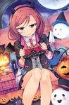  3: bat bracelet center_opening commentary_request couch demon_horns demon_tail demon_wings detached_collar fake_horns food ghost hairband half-closed_eyes halloween handkerchief hat highres horns jack-o'-lantern jacket jewelry kalian knees_together looking_down love_live! love_live!_school_idol_project macaron moon nail_polish necktie nishikino_maki pink_nails pink_neckwear polka_dot polka_dot_object purple_eyes red_hair sitting skirt solo stuffed_animal stuffed_bunny stuffed_cat stuffed_toy tail wavy_mouth wings witch_hat wristband 