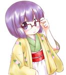  adjusting_eyewear bespectacled glasses hieda_no_akyuu highres japanese_clothes kimono obi purple_eyes purple_hair sash short_hair smile solo touhou uho_(uhoyoshi-o) 