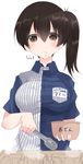  absurdres alternate_costume breasts brown_eyes brown_hair character_name drooling edogawa_nao employee_uniform food hair_between_eyes highres id_card kaga_(kantai_collection) kantai_collection large_breasts lawson looking_down oden saliva side_ponytail solo striped tongs translated uniform upper_body 