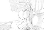  2016 anthro big_breasts breasts clothed clothing female footwear fur hair half-closed_eyes hattonslayden japanese_clothing kimono long_hair mammal monochrome outside sandals sketch solo tanuki 